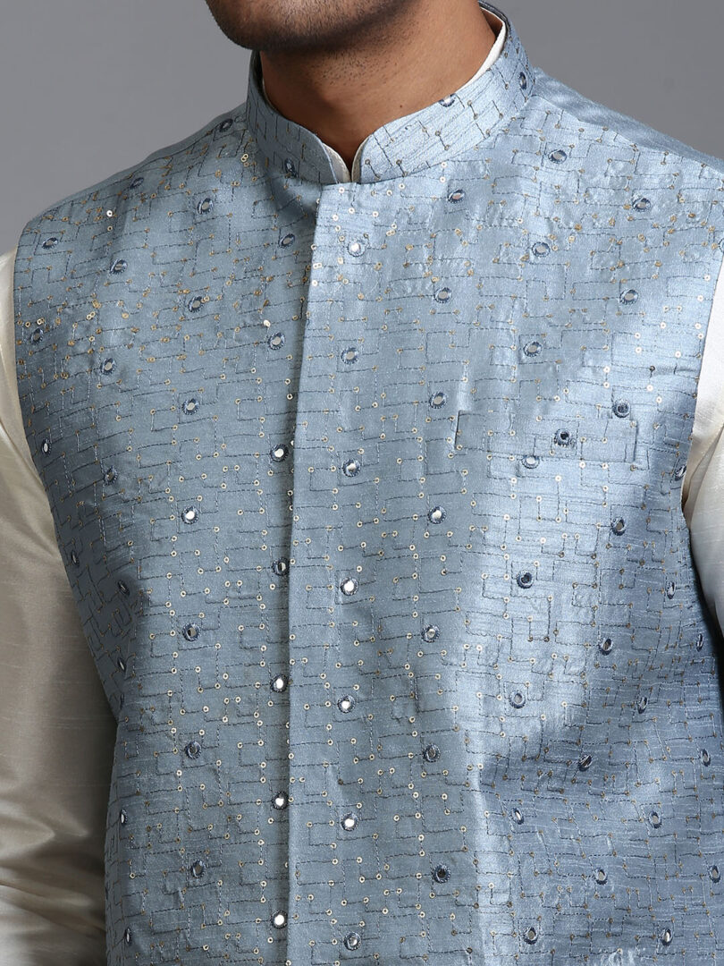 Men's Grey Mirror Work Nehru Jacket