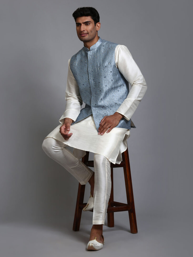 Men's Grey Mirror Work Nehru Jacket