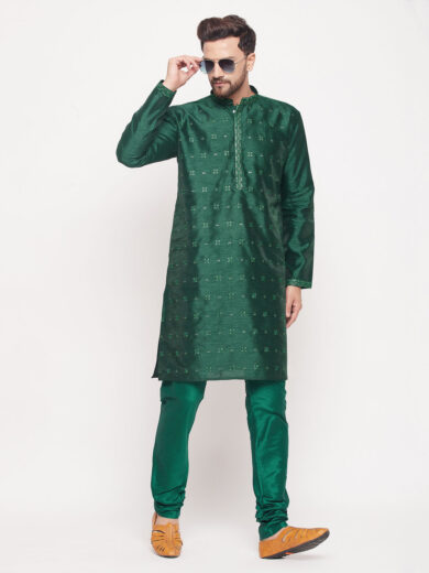 Men's Green Silk Blend Kurta Pyjama Set