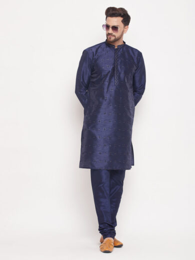 Men's Navy Blue Silk Blend Kurta Pyjama Set