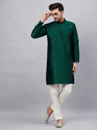 Men's Green And Cream Silk Blend Kurta Pyjama Set