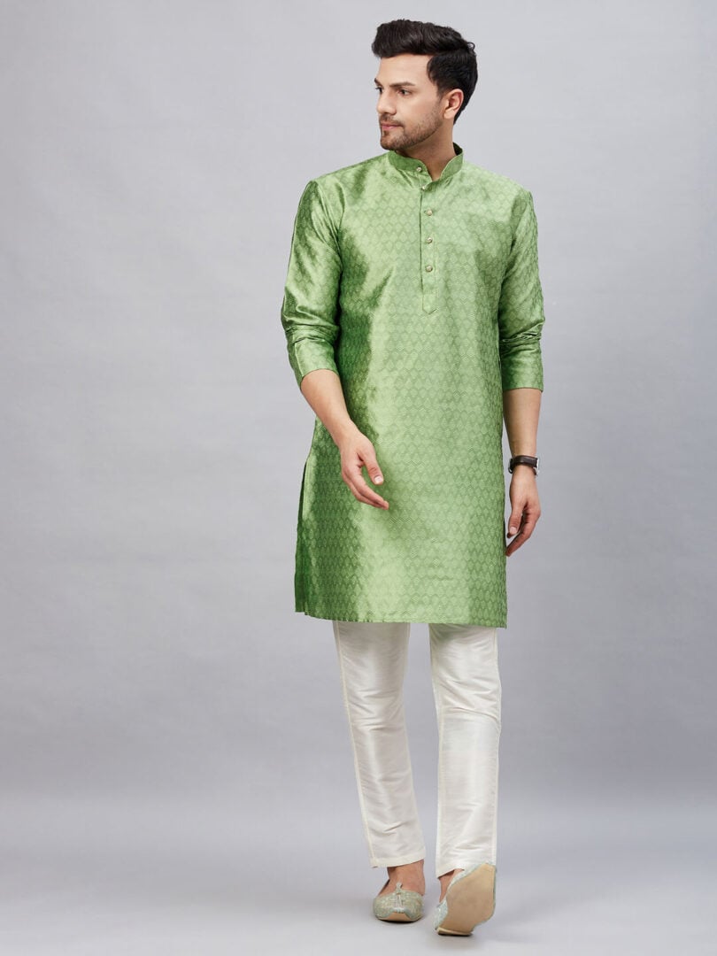 Men's Mint Green And Cream Silk Blend Kurta Pyjama Set