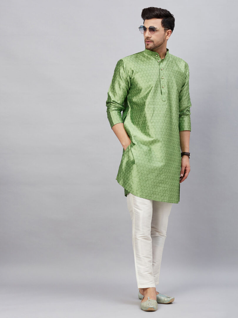 Men's Mint Green And Cream Silk Blend Kurta Pyjama Set