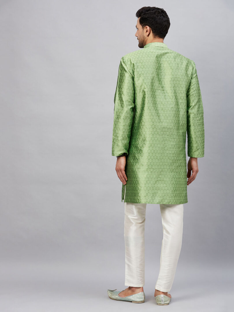 Men's Mint Green And Cream Silk Blend Kurta Pyjama Set