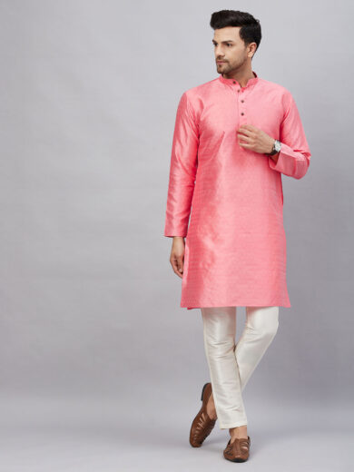 Men's Pink And Cream Silk Blend Kurta Pyjama Set