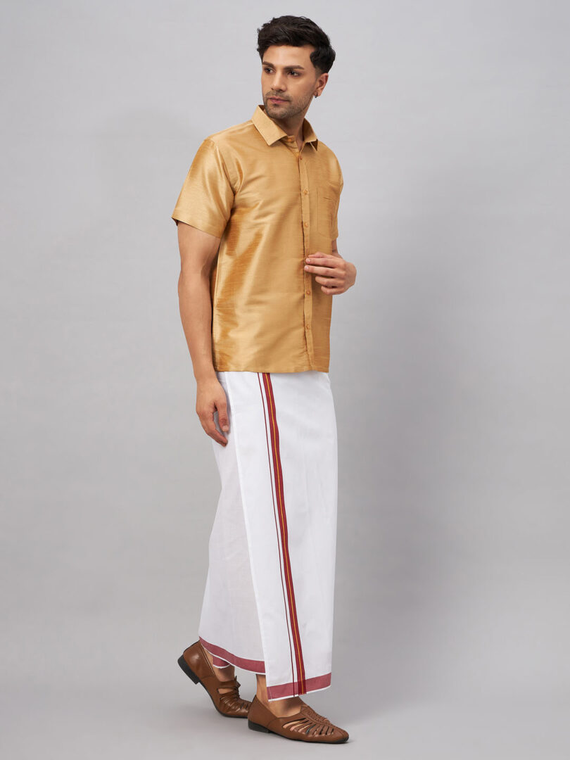 Men's Rose Gold And White Silk Blend Shirt And Mundu