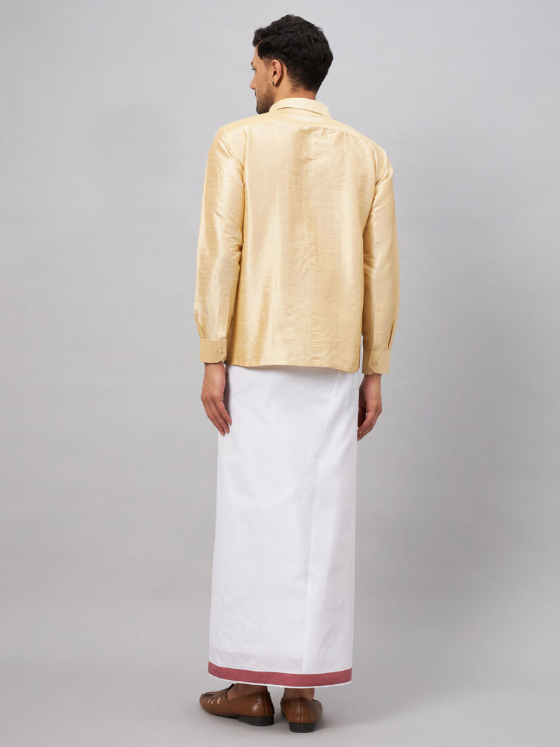 Men's Gold And White Silk Blend Shirt And Mundu