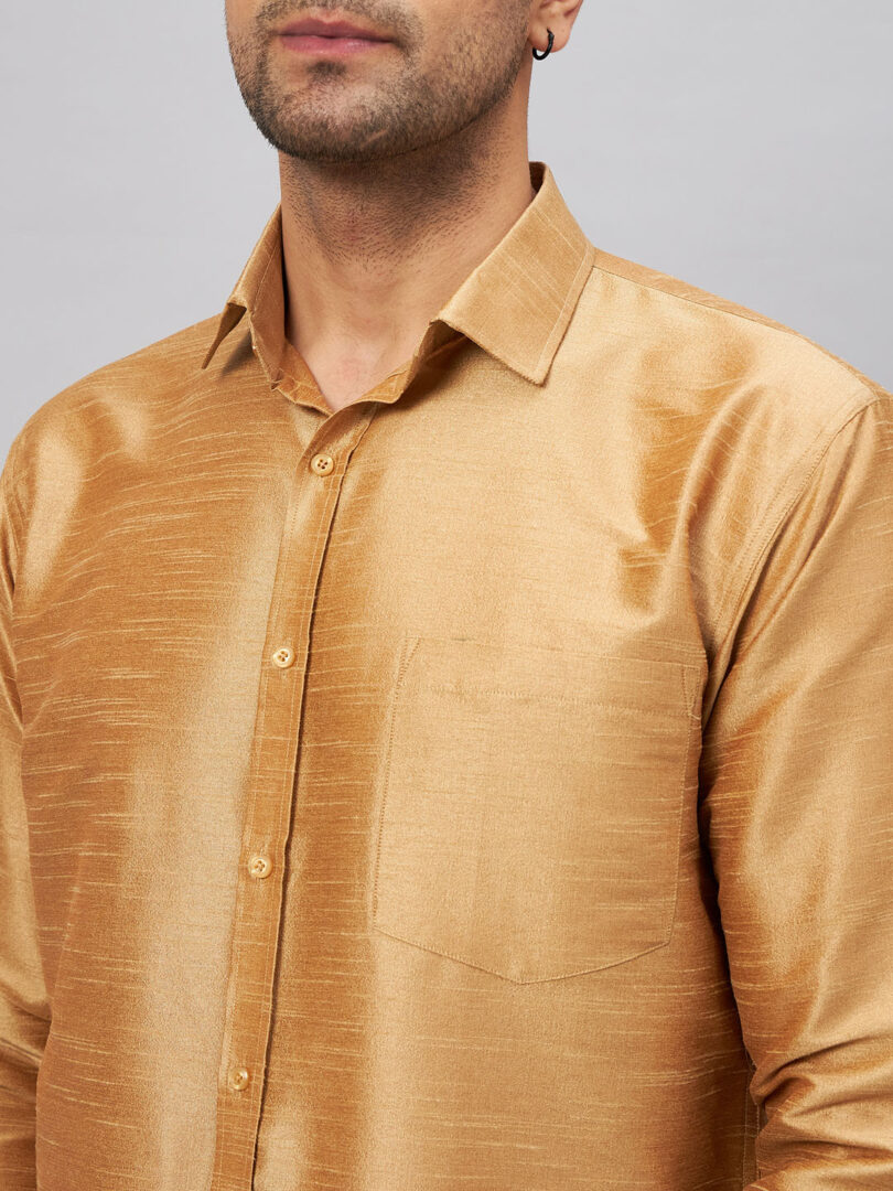 Men's Rose Gold And White Silk Blend Shirt And Mundu