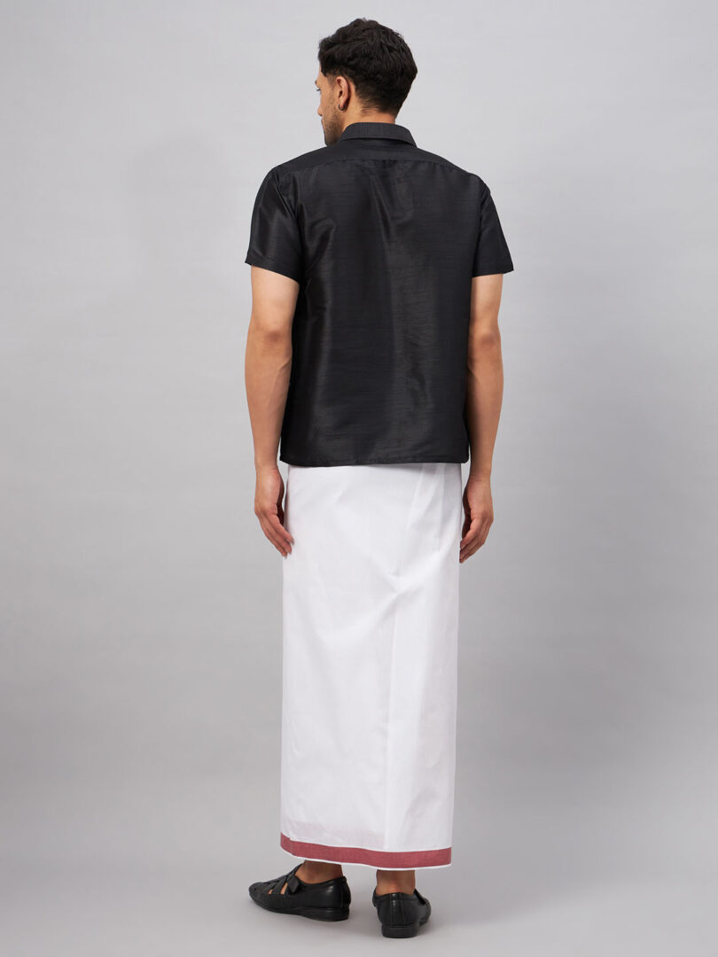 Men's Black And White Silk Blend Shirt And Mundu