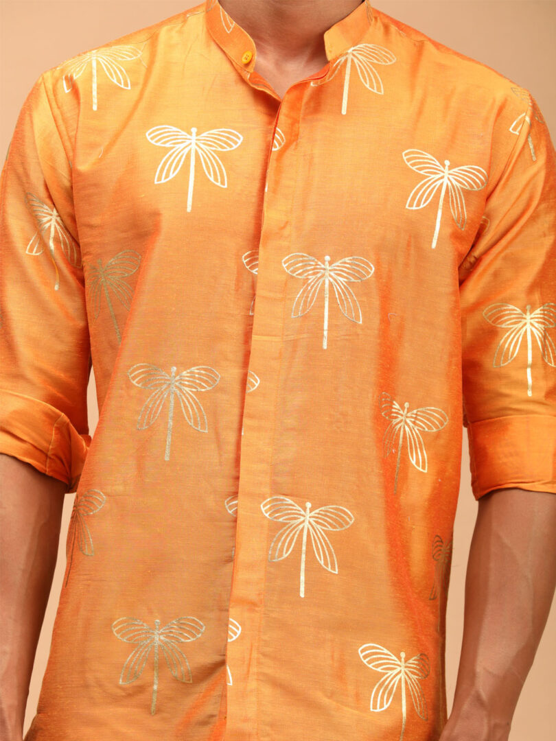 Men's Orange Viscose Ethnic Shirt