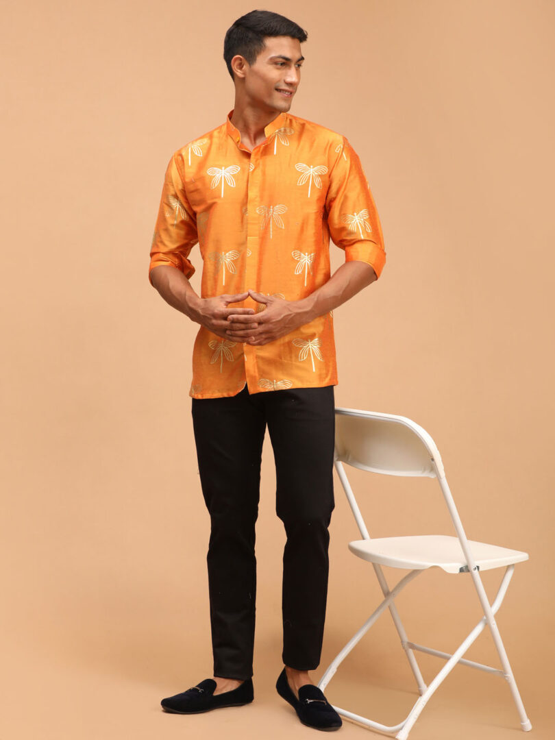 Men's Orange Viscose Ethnic Shirt