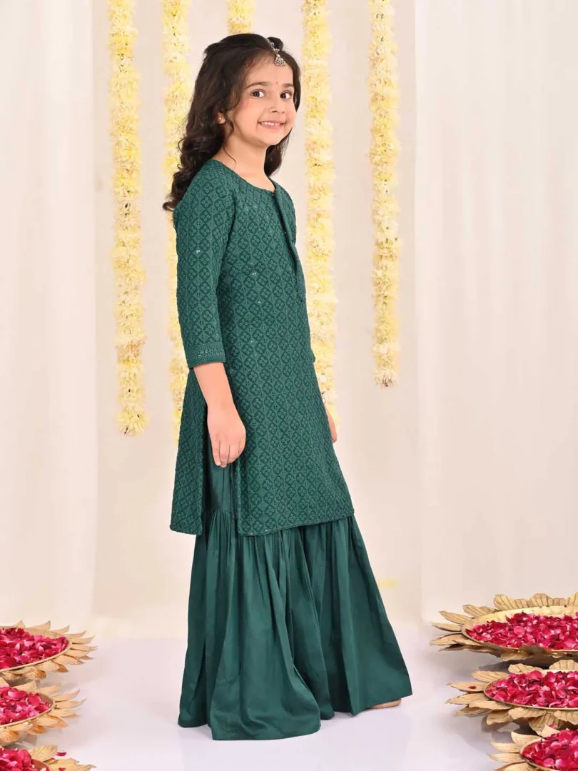 Girls' Green Embellished Kurta Palazzo Set