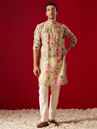 Men'S Multicolor Base Beige Cotton Printed Kurta Pant Set
