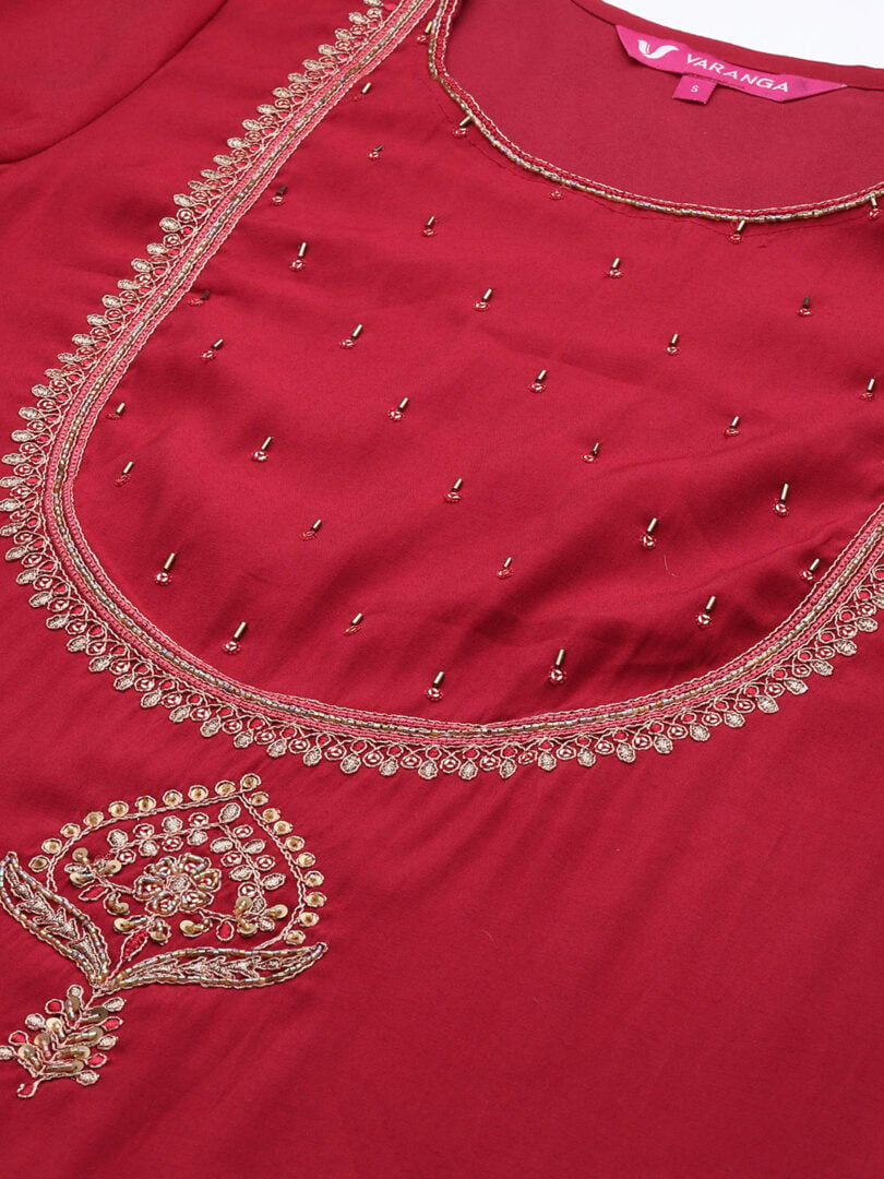 Red Embridered Kurta Paired With Tonal Botom And Dupatta