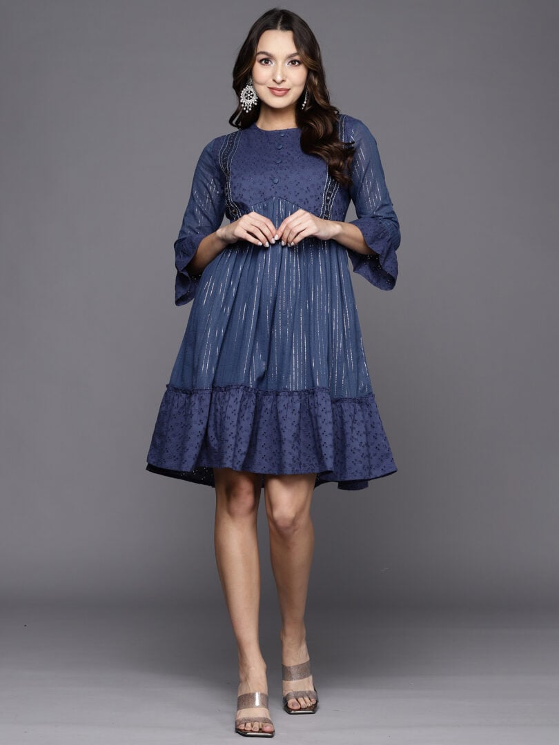 Indo Era Blue Striped A-Line Ethnic Dress