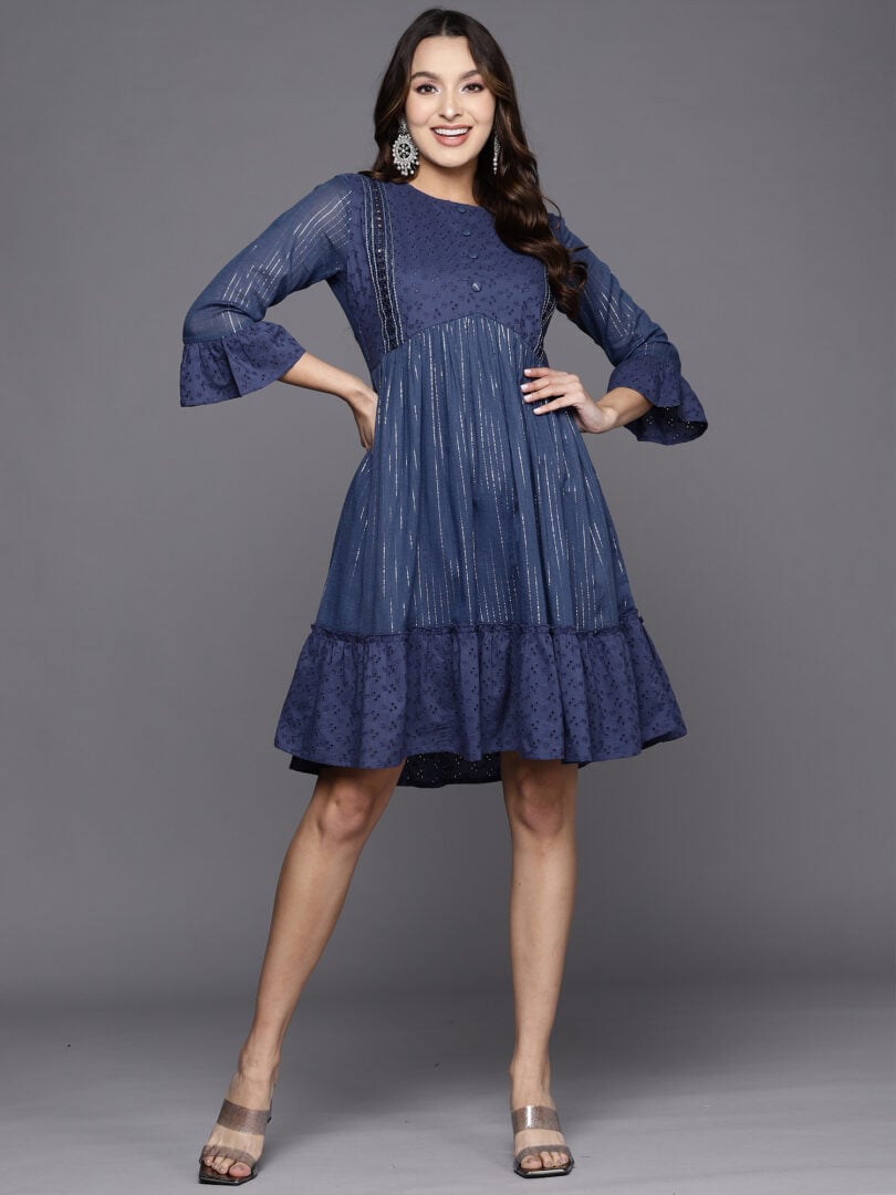 Indo Era Blue Striped A-Line Ethnic Dress