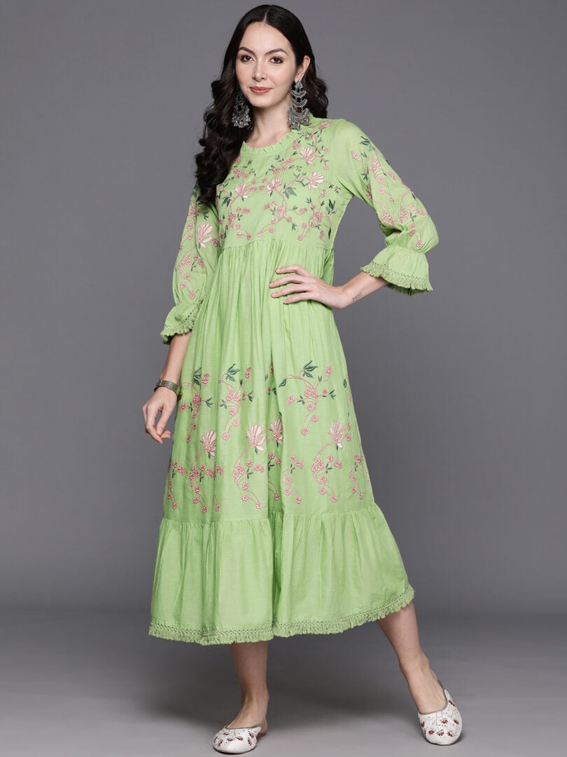 Indo Era Green Embroidered A-Line Ethnic Dress