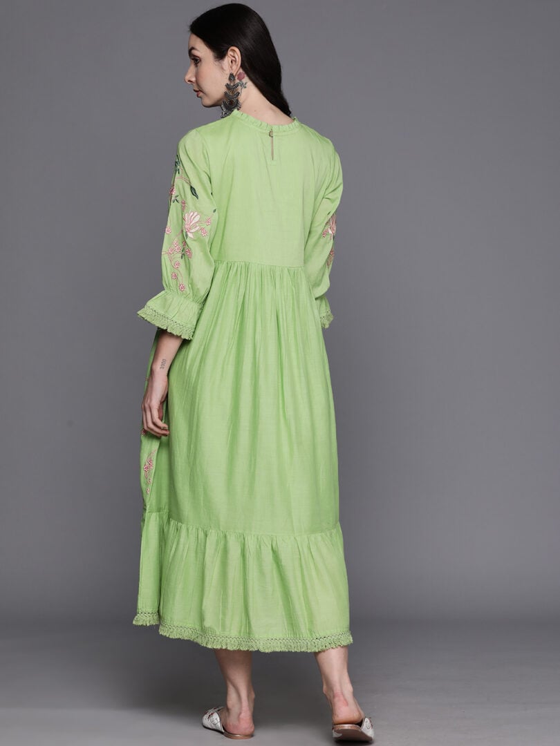 Indo Era Green Embroidered A-Line Ethnic Dress