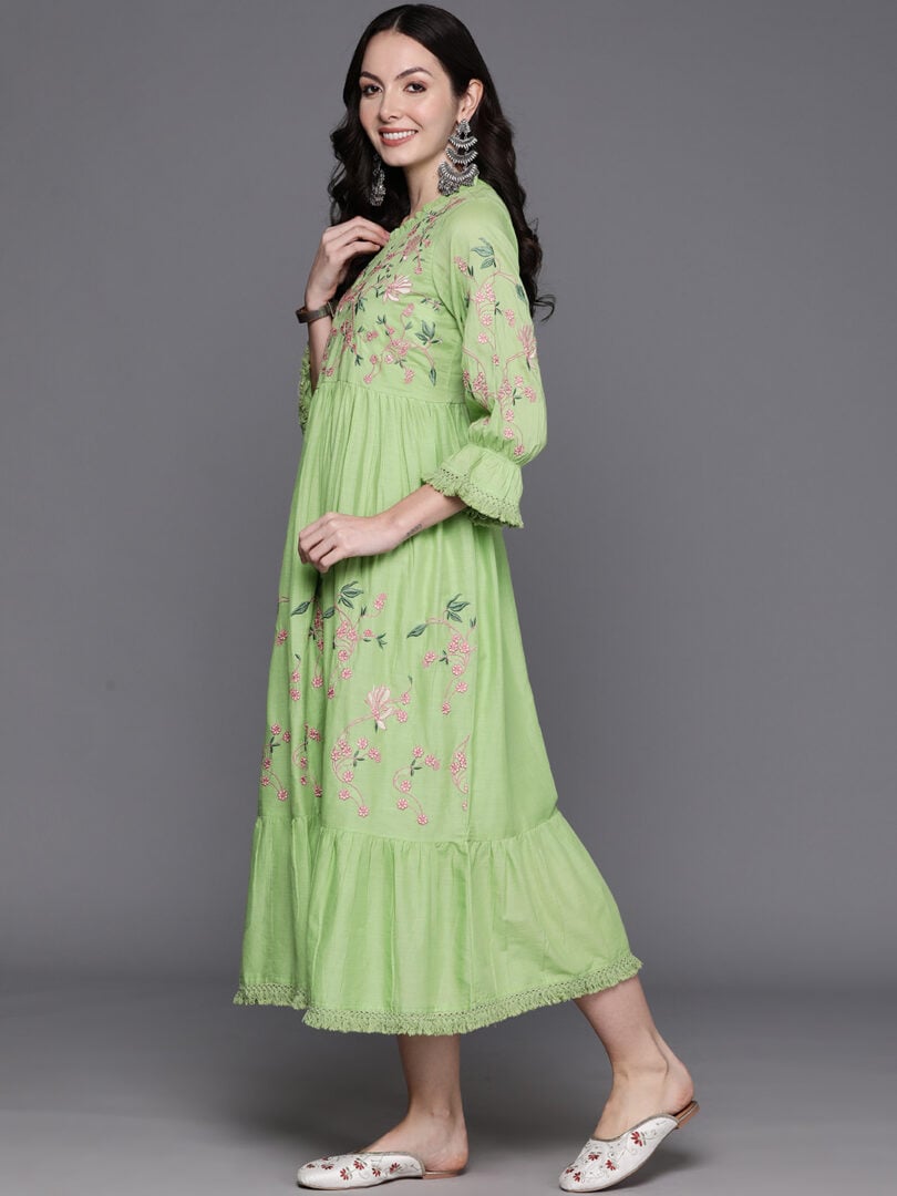 Indo Era Green Embroidered A-Line Ethnic Dress