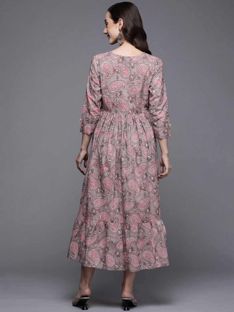 Indo Era Grey & Pink Printed Flared A-Line Midi Ethnic Dresses