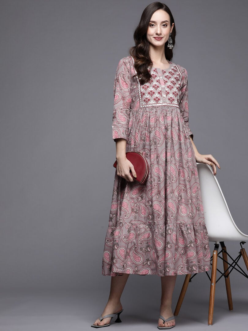 Indo Era Grey & Pink Printed Flared A-Line Midi Ethnic Dresses