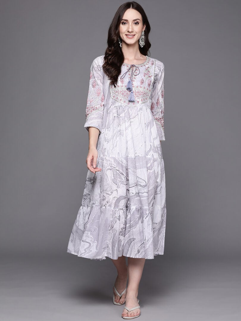 Indo Era Grey Embroidered A-Line Ethnic Dress