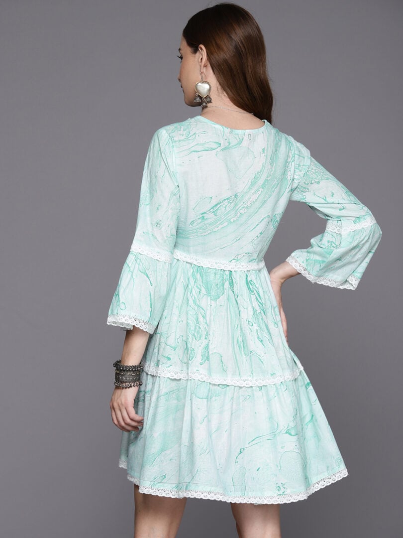 Indo Era Sea Green Embroidered A-Line Smart Casual Dress