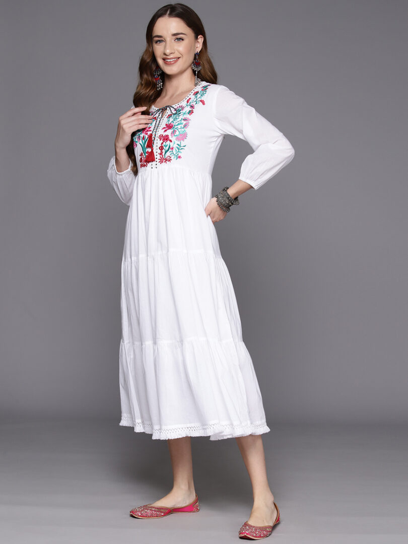 Indo Era White Embroidered A-Line Smart Casual Dress