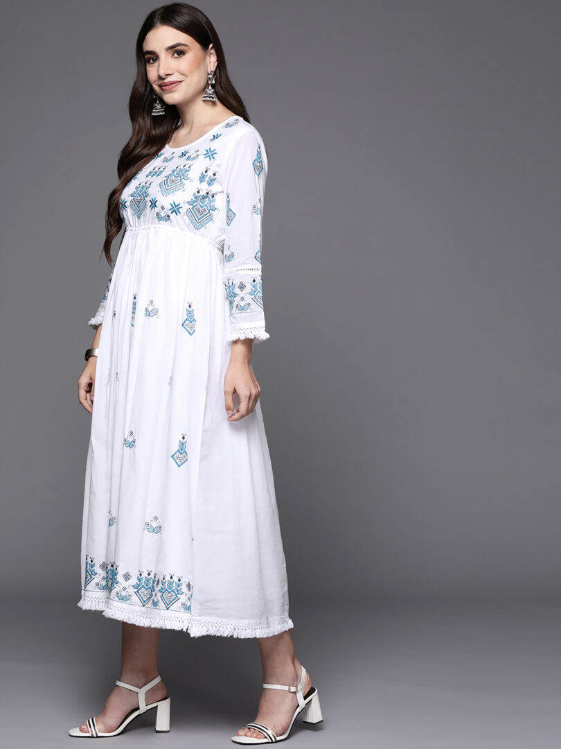 Indo Era White Embroidered A-Line Ethnic Dress