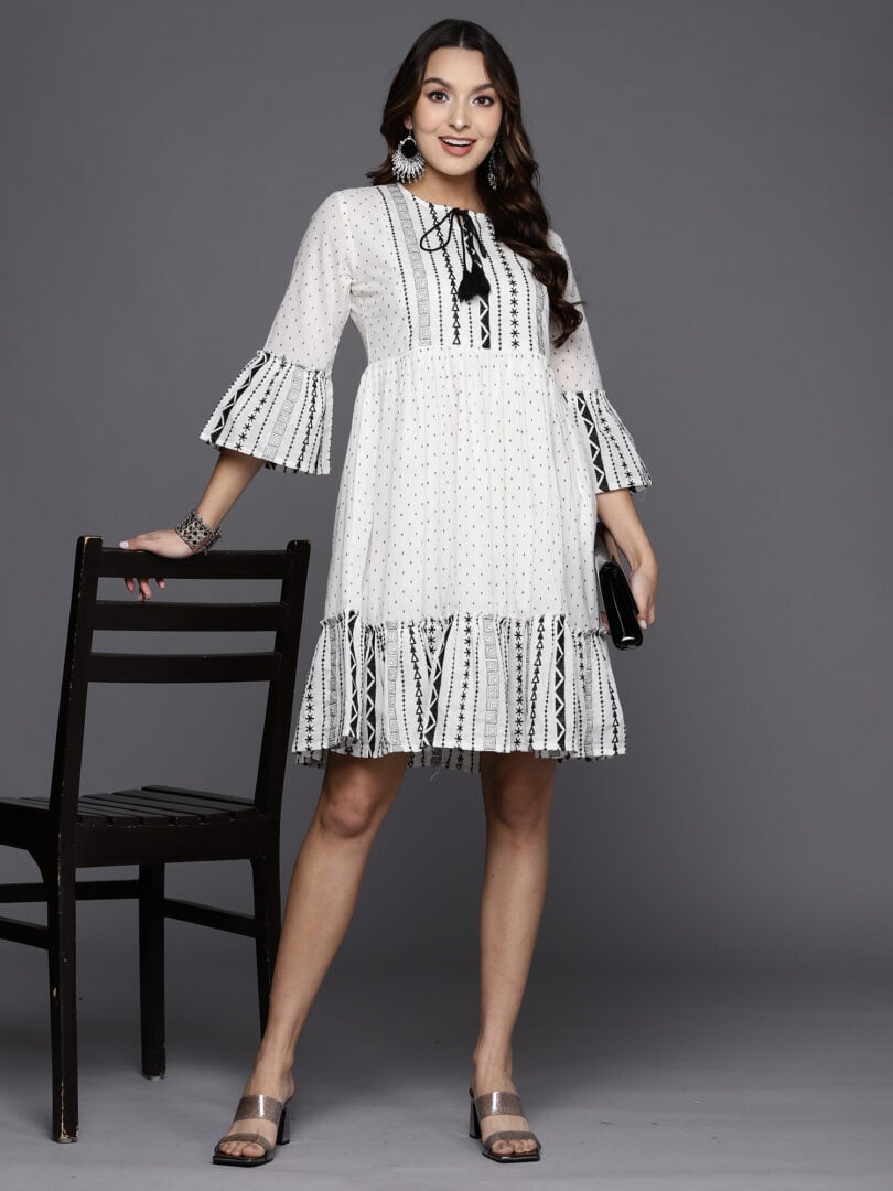 Indo Era White Printed A-Line Ethnic Dress