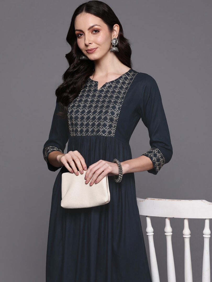 Indo Era Blue Embroidered A-Line Ethnic Dress