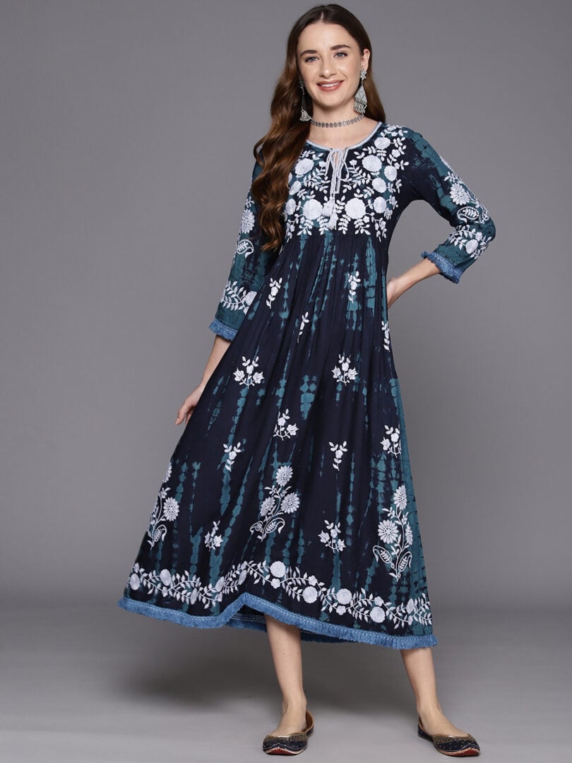 Indo Era Blue Embroidered A-Line Ethnic Dress