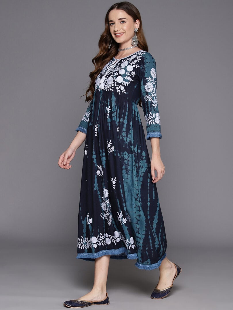 Indo Era Blue Embroidered A-Line Ethnic Dress