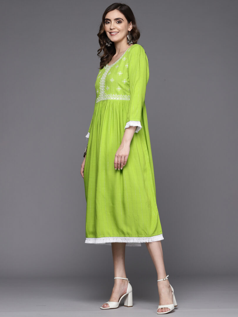 Indo Era Green Embroidered A-Line Ethnic Dress