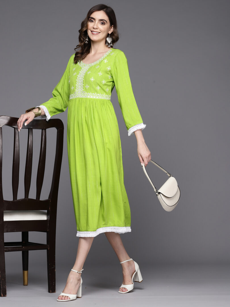 Indo Era Green Embroidered A-Line Ethnic Dress