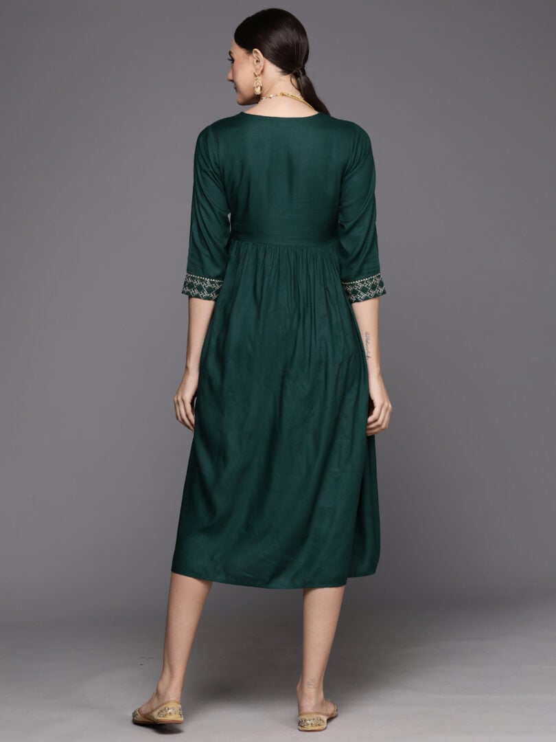 Indo Era Green Embroidered A-Line Ethnic Dress