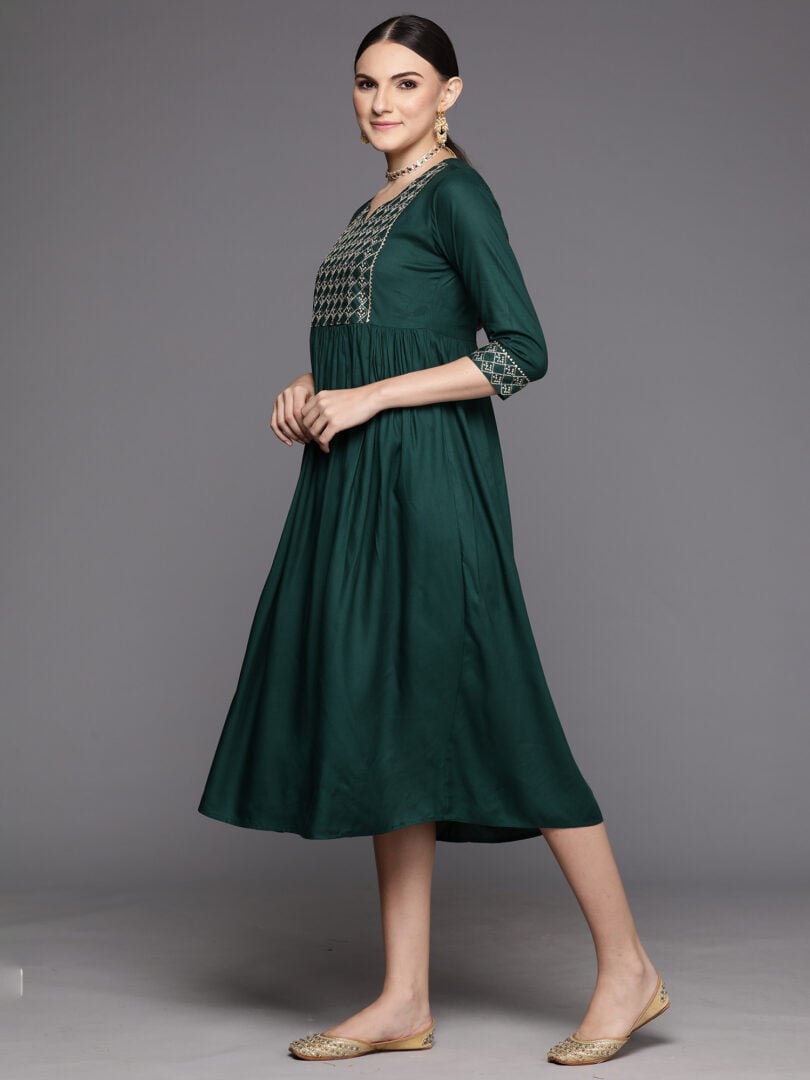 Indo Era Green Embroidered A-Line Ethnic Dress