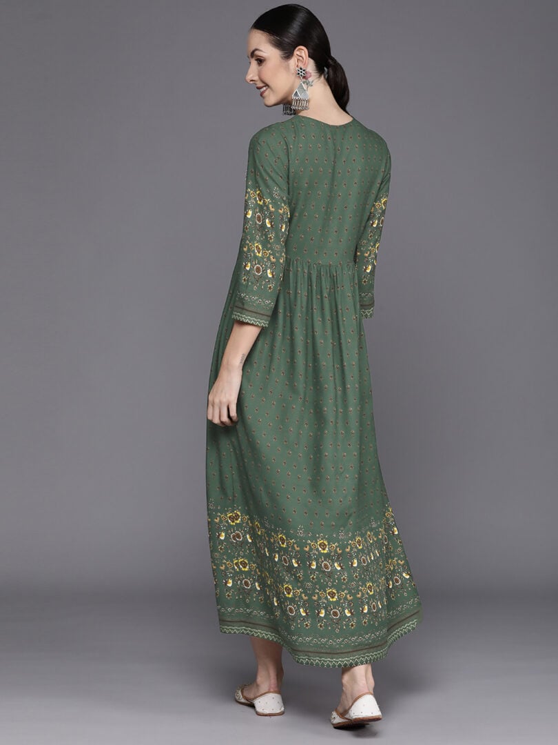 Indo Era Green Embroidered A-Line Ethnic Dress