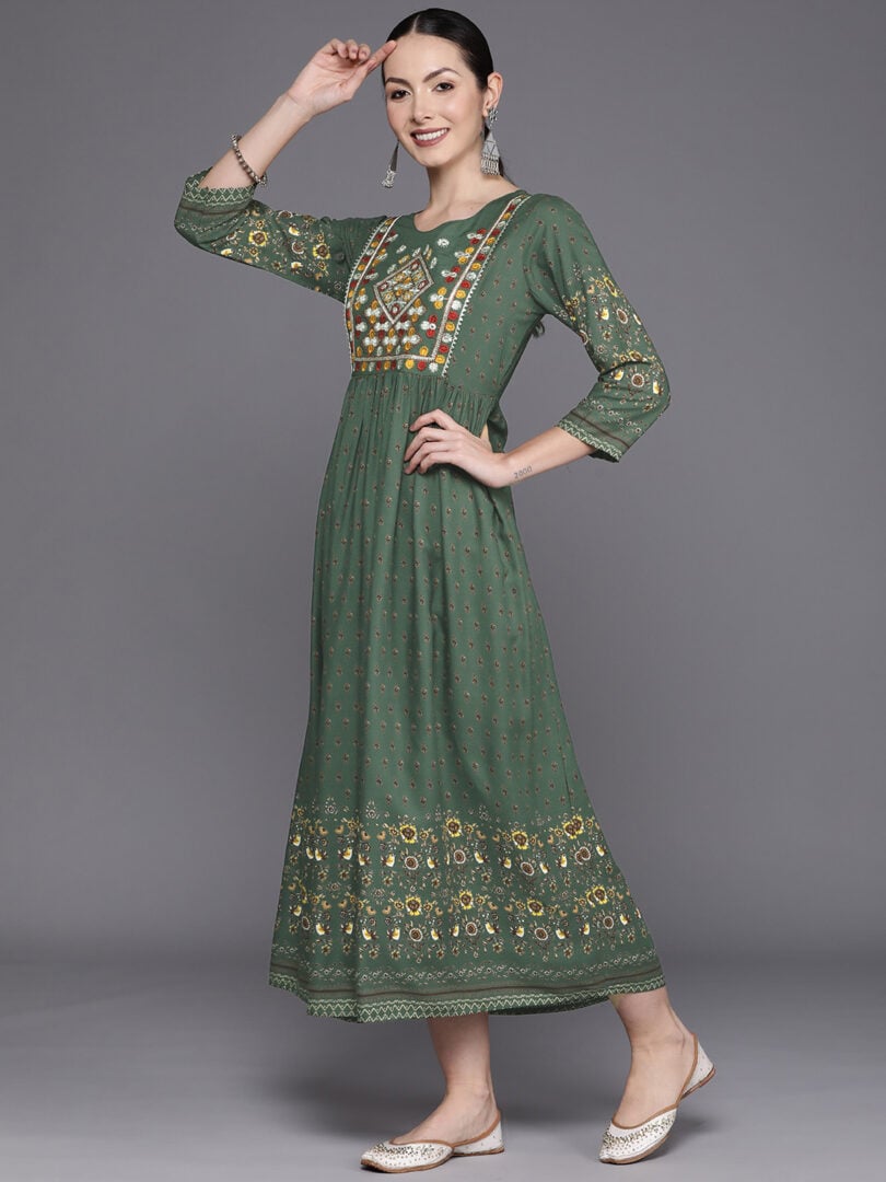 Indo Era Green Embroidered A-Line Ethnic Dress