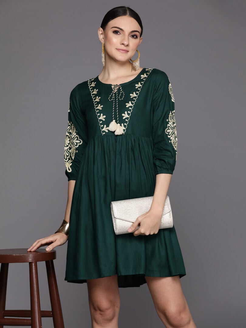 Indo Era Green Embroidered A-Line Ethnic Dress