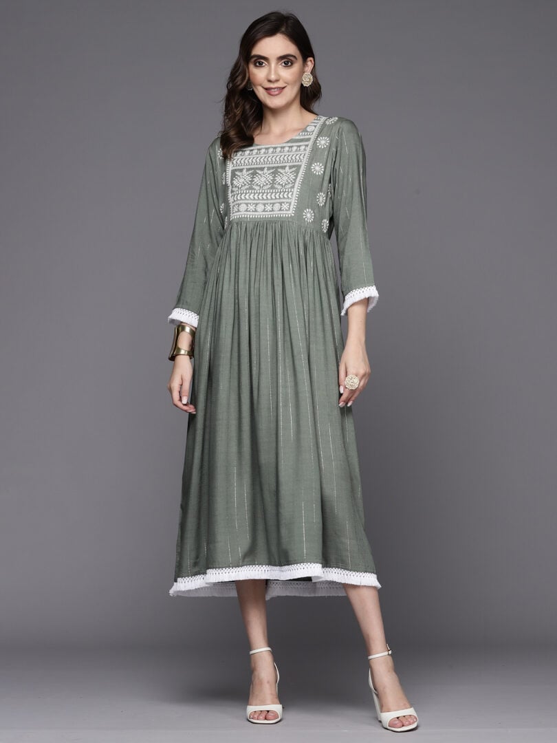 Indo Era Grey Embroidered A-Line Ethnic Dress