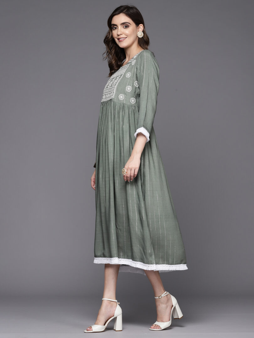 Indo Era Grey Embroidered A-Line Ethnic Dress