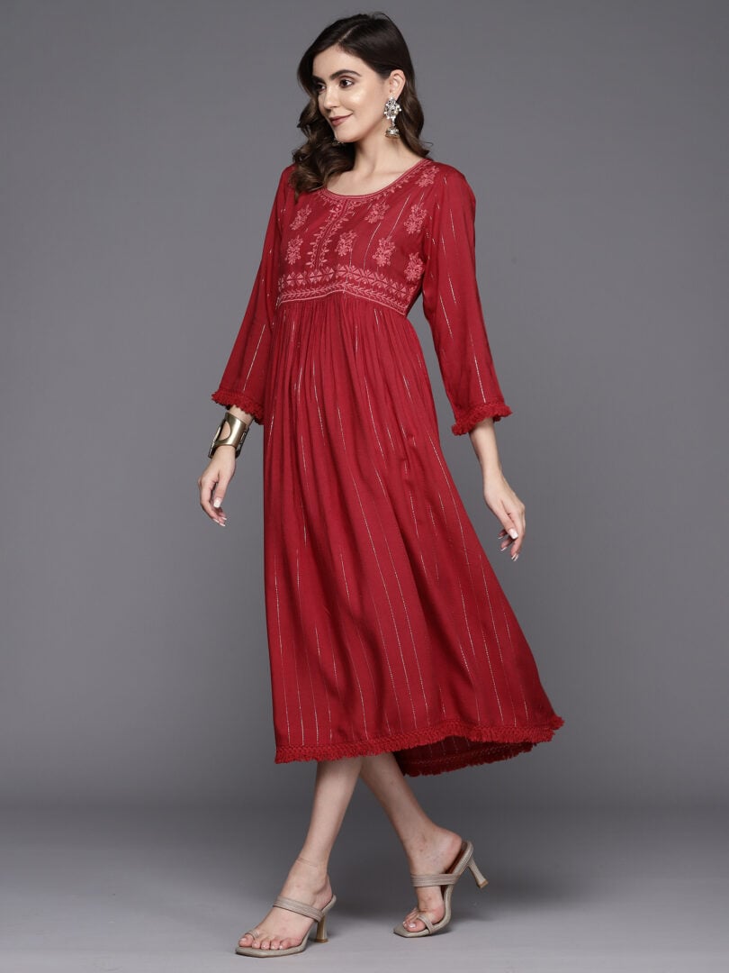 Indo Era Maroon Embroidered A-Line Ethnic Dress