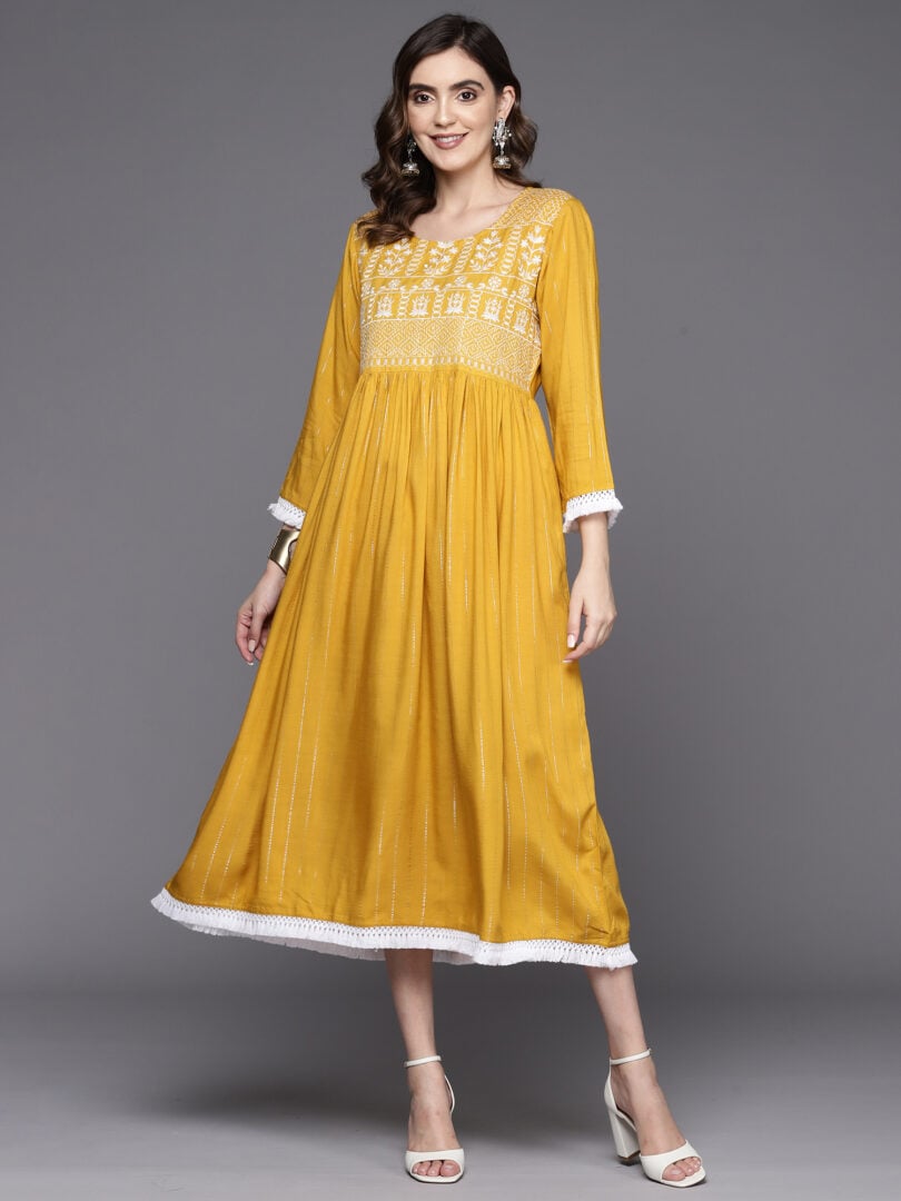 Indo Era Mustard Embroidered A-Line Ethnic Dress