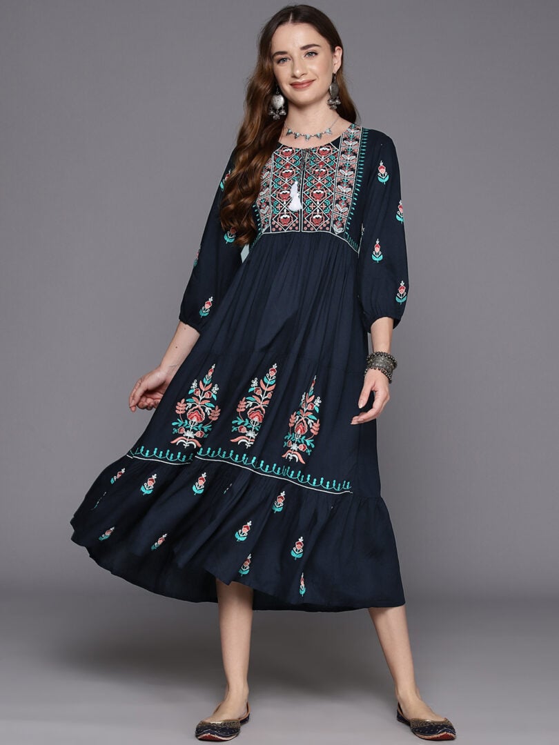 Indo Era Navy Blue Embroidered A-Line Ethnic Dress