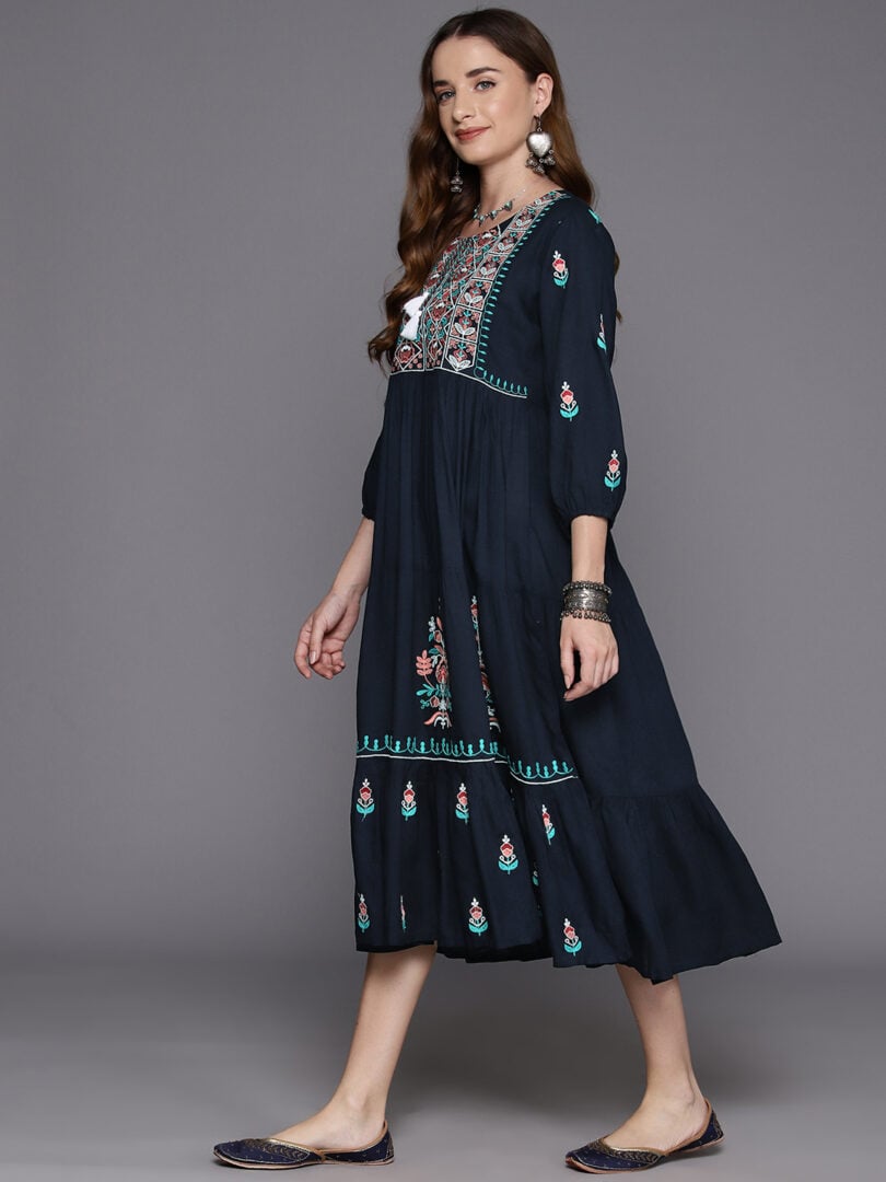 Indo Era Navy Blue Embroidered A-Line Ethnic Dress