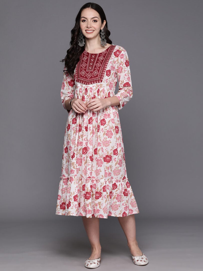 Indo Era Red Embroidered A-Line Ethnic Dress