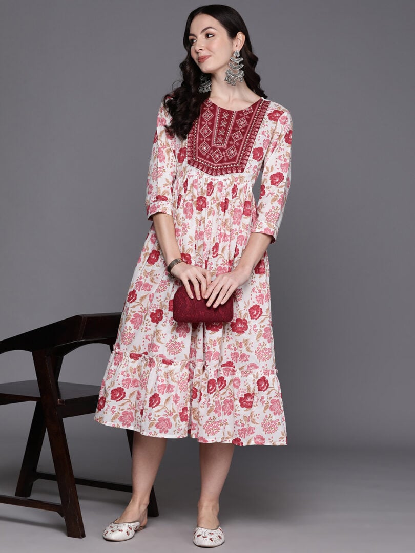 Indo Era Red Embroidered A-Line Ethnic Dress