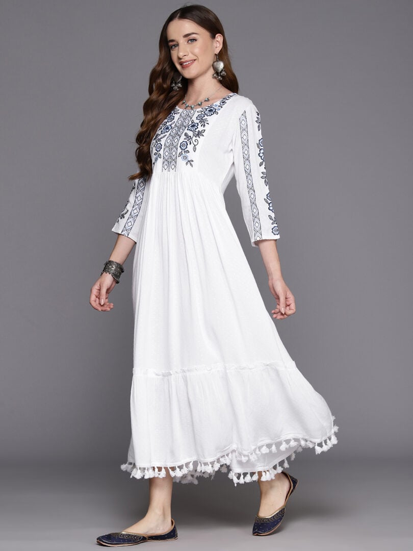 Indo Era White Embroidered A-Line Smart Casual Dress