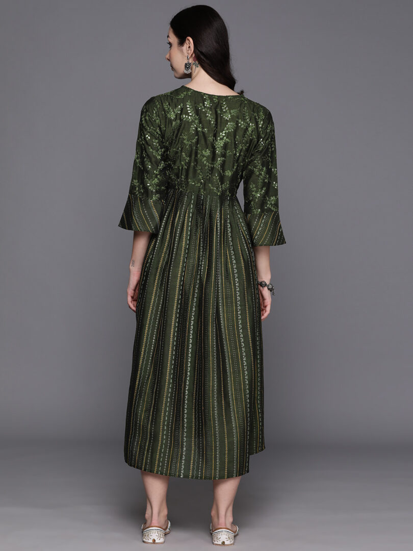 Indo Era Green Embroidered A-Line Ethnic Dress